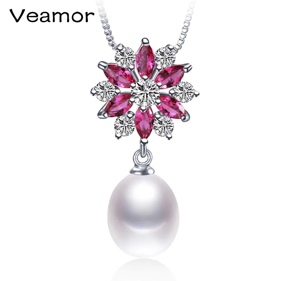 

VEAMOR 2016 New Arrival 925 sterling silver jewelry,100% Genuine freshwater pearl jewelry Elegant Red Crystal pendant necklace