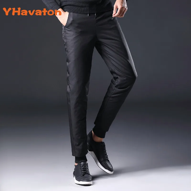 YHavaton Winter Mens 90% White Duck Down Pants Quality Elastic Waist Slim Snow Pants Warm Down Padded Trousers Male Outerwear - Цвет: Black