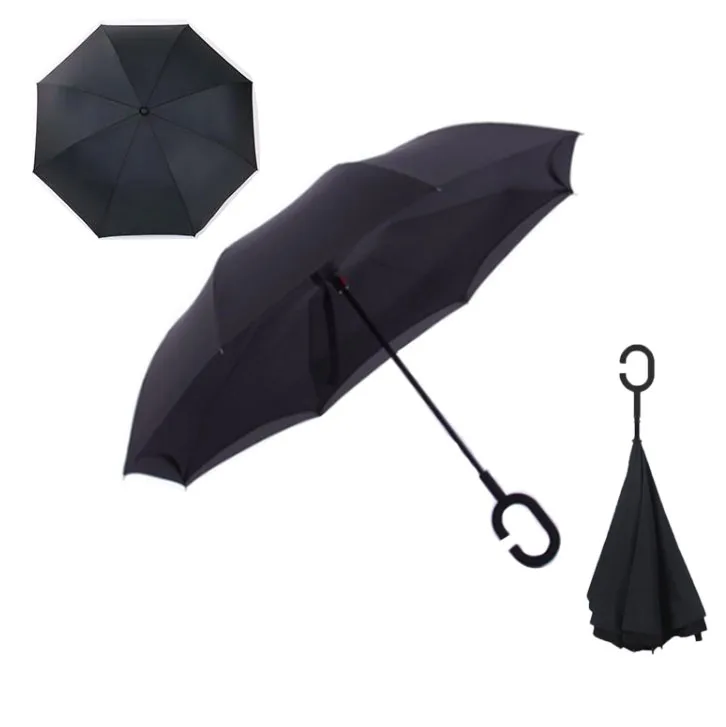 Зонт с обратным ходом, неавтоматический зонтик для модных дождевиков, женский зонт с защитой от ультрафиолета, ветрозащитные непромокаемые зонты с длинной ручкой - Цвет: black