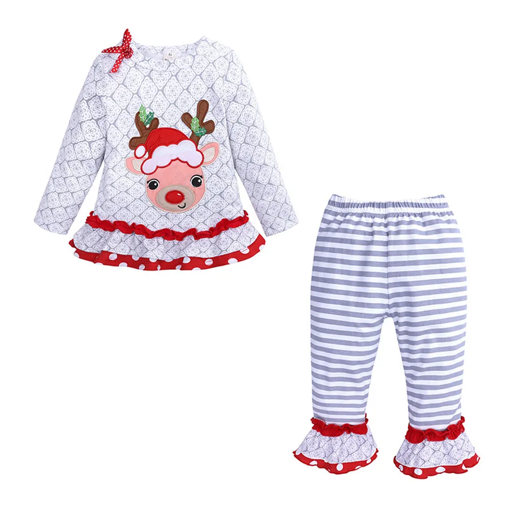 

New Style Cute Toddler Kids Baby Girl Christmas Deer T shirt Tops Stripe Pants Princess Outfits Drop Shipping