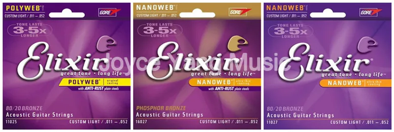 

3 Sets of Elixir NANOWEB/POLYWEB Acoustic Guitar Strings Anti-Rust Plain Steel&80/20 Bronze/Phosphor Bronze Custom Light Medium