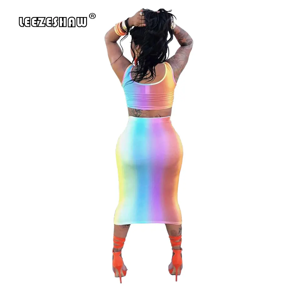 Rainbow Gradient Striped Boho Print Sexy 2 Piece Set Women Tanks Short Tops And Skinny Hole Skirts Beach Wear Party Ladies Suits Women's Sets