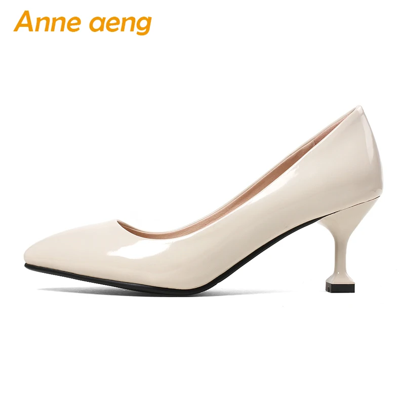 

2018 Autumn women pumps high heel pointed toe slip-on concise elegant office ladies shallow women shoes beige pumps size 33-43