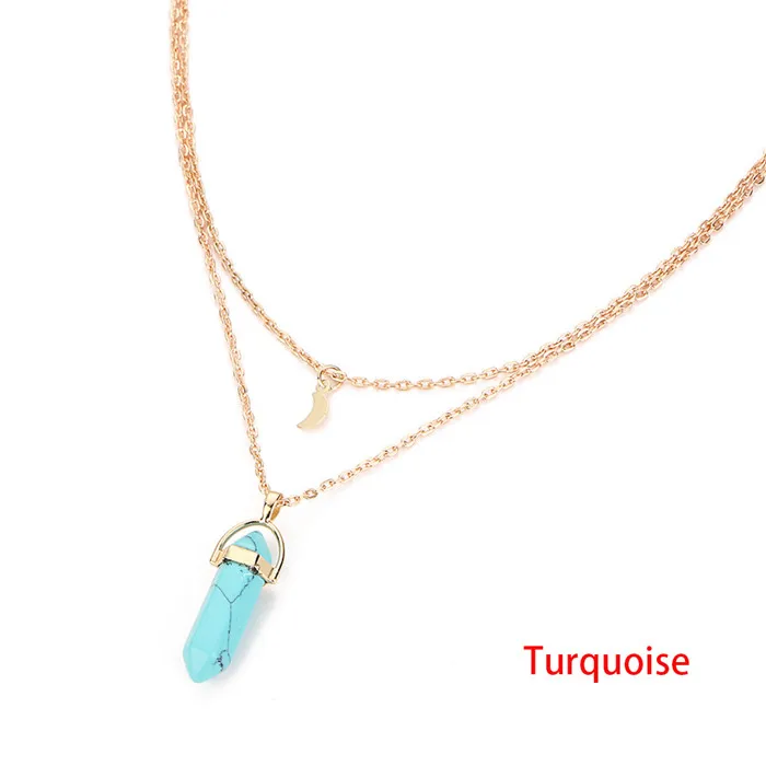 Ожерелье-чокер из натурального хрусталя с опалом из кварца, женская подвеска в виде Луны, двухслойная Золотая цепочка, чокер#229163 - Окраска металла: Turquoise