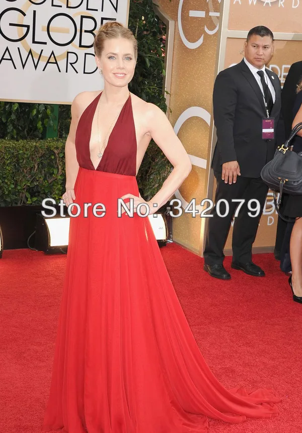 ph12170 Amy Adams deep v neckline halter long red chiffon dress Golden