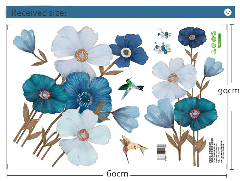 Большие синие цветы, настенные Стикеры, винтажная живопись, съемная наклейка, s, Современный домашний декор, искусство, сделай сам, для гостиной, обои, наклейка
