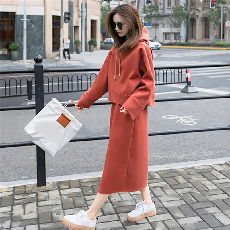 Two-Piece Women's Hooded Skirt Sportswear Sweatshirt Sportswear long sweater skirt women's clothing conjuntos de mujer 3D05 (14)