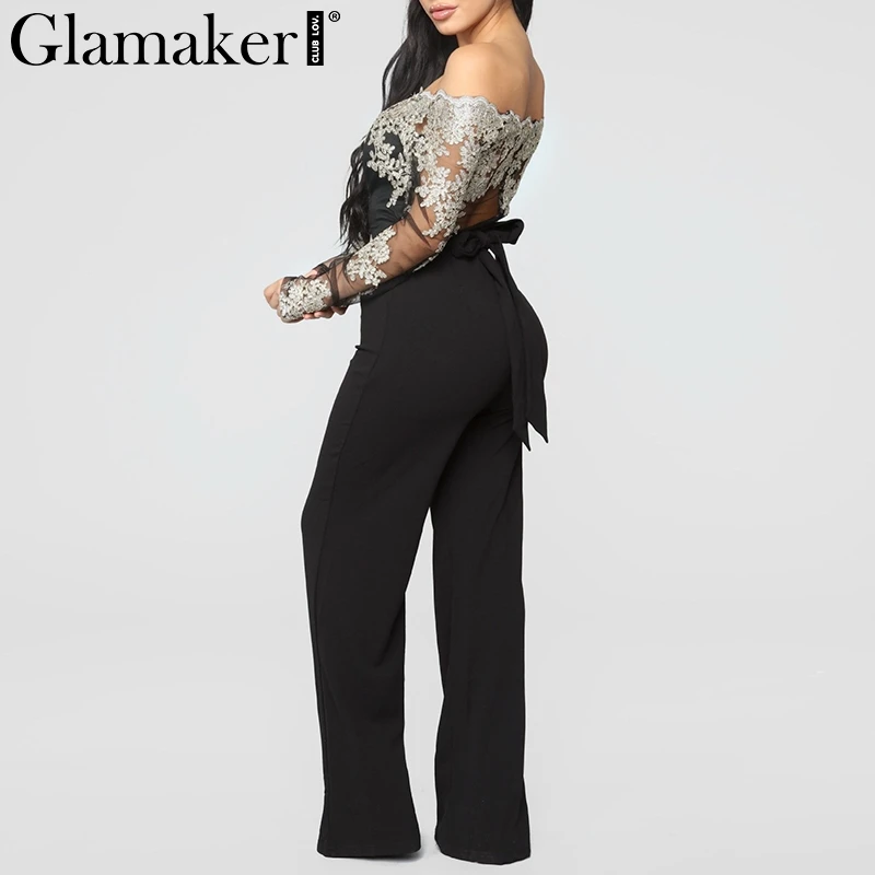 Женский комбинезон Glamaker черный кружевной с открытыми плечами летние элегантные
