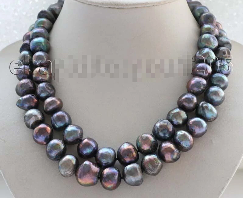 

FREE SHIPPING 19" Double Natural 12-13mm Black Baroque Pearl Necklace #f1737!