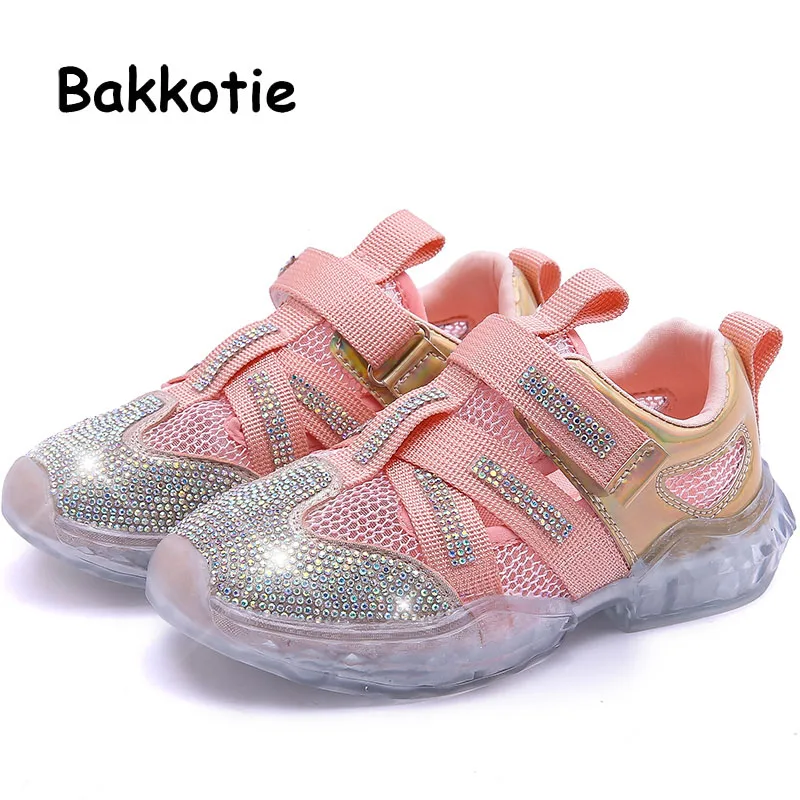 

Bakkotie 2019 Spring Girls New Rhinestone Pink Soft Sneakers Summer Baby Breathable Sports Shoes Kids Fashion Casual Shoes