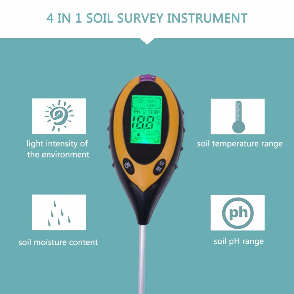 5 шт. 4 в 1 цифровой почвенный Влагомер PH тестер Температура солнечного света для использования в фермерских хозяйствах, газон завод с ЖК-дисплей дисплею