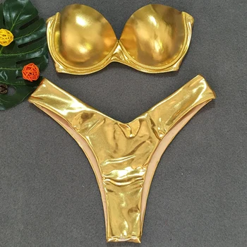 

New 2019 Golden Shiny Bikini Push Up Swimsuit Women Thong Swimwear Leopard bikini set with Bra cup Female Bandeau Bathing Suit