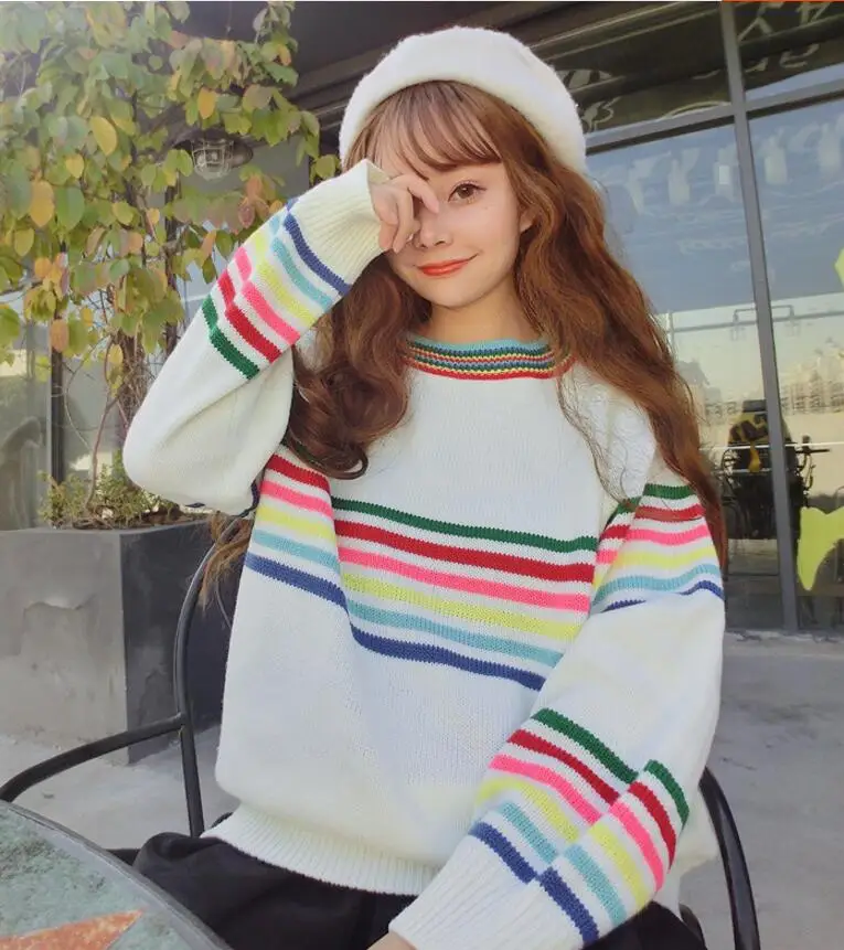 Зимняя новая модель куртки с хлопковой подкладкой в Корейском стиле небольшой свежий полосы Свободный свитер с длинным рукавом