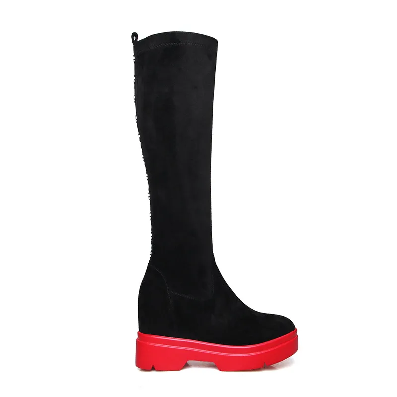 MORAZORA/ г., замшевые сапоги до колена наивысшего качества женская обувь на платформе-танкетке женские растягивающиеся сапоги осень-зима