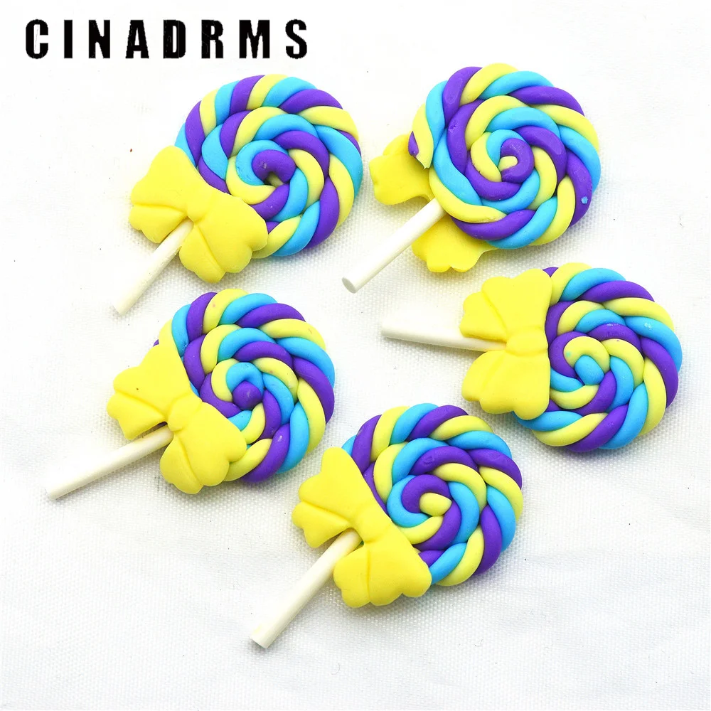 

28mmX47mm Polymer Clay Lollipop Cabochons with Yellow Ribbon,Fimo Clay DIY Embellishment Crafts,Fake Sweets Miniatures