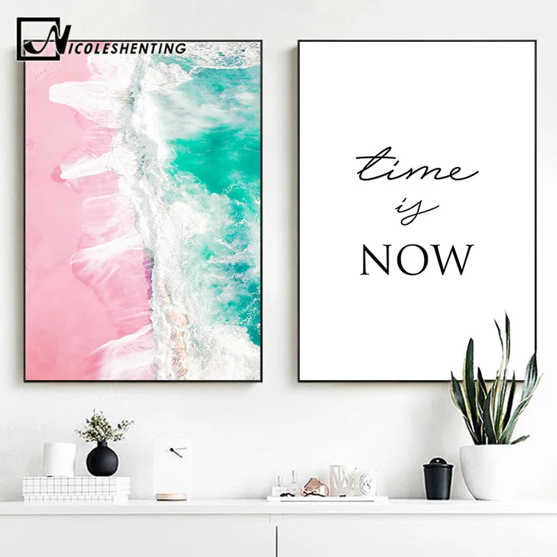 

Coastal Beach Landscape Canvas Poster Nordic Pink Sea Wall Art Print Painting Decoration Picture Scandinavian Living Room Decor