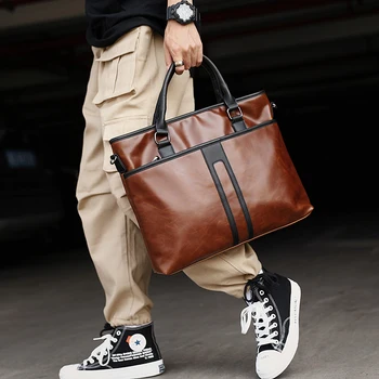 

COOL Fashion Brand Design Men Leather Handbags Vintage Patchwork 14" Laptop Bag
