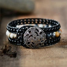 Boho Браслет-манжета уникальный оникс кожаный обёрточная браслеты ручной работы Богемия ткачество украшение браслет из камней Прямая поставка