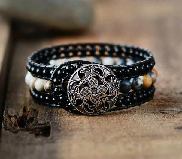 

Boho Cuff Bracelet Unique Onyx Leather Wrap Bracelets Wholesale Handmade Bohemia Weaving Stone Bracelet Jewelry Dropshipping