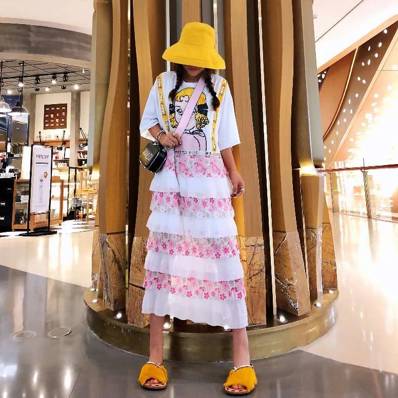 3D Cartoon Girl Print T-Shirt Dress Street Wear Floral Ruffle Spliced Cake Women's Long Style High Waist Dresses | Женская одежда