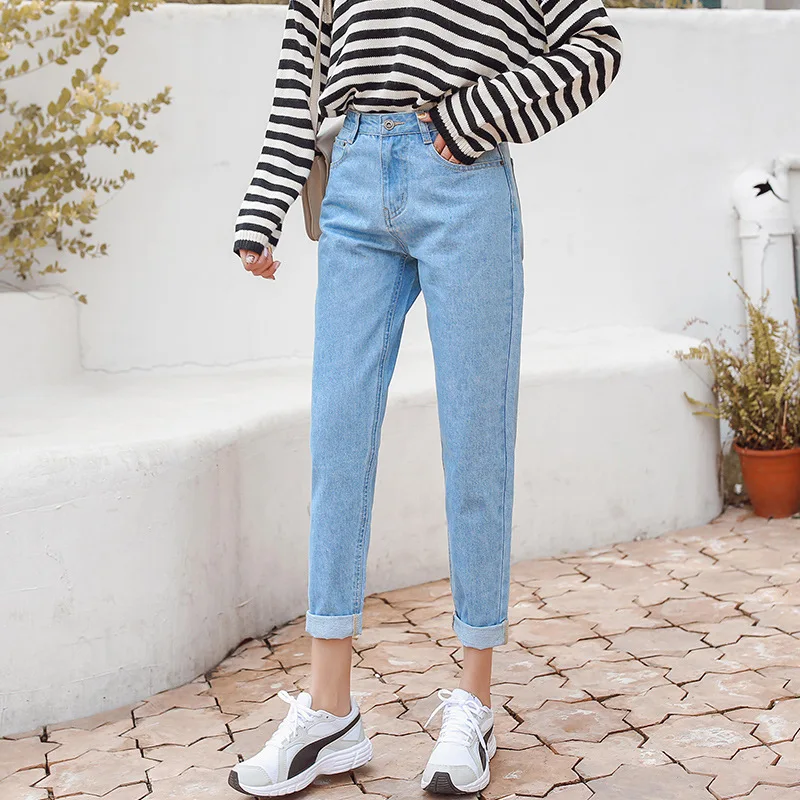 

Blue High Waist Mom Jeans Slim Cotton Campus Harun Jeans Women Boyfriend Jeans for Women Street Style Ankle-Length Pants