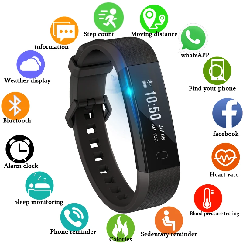 

BANGWEI 2019 New Smart Sports Watch Heart Rate Sleep Monitoring Pedometer LED Color Screen Digital Smart Watch+BOX