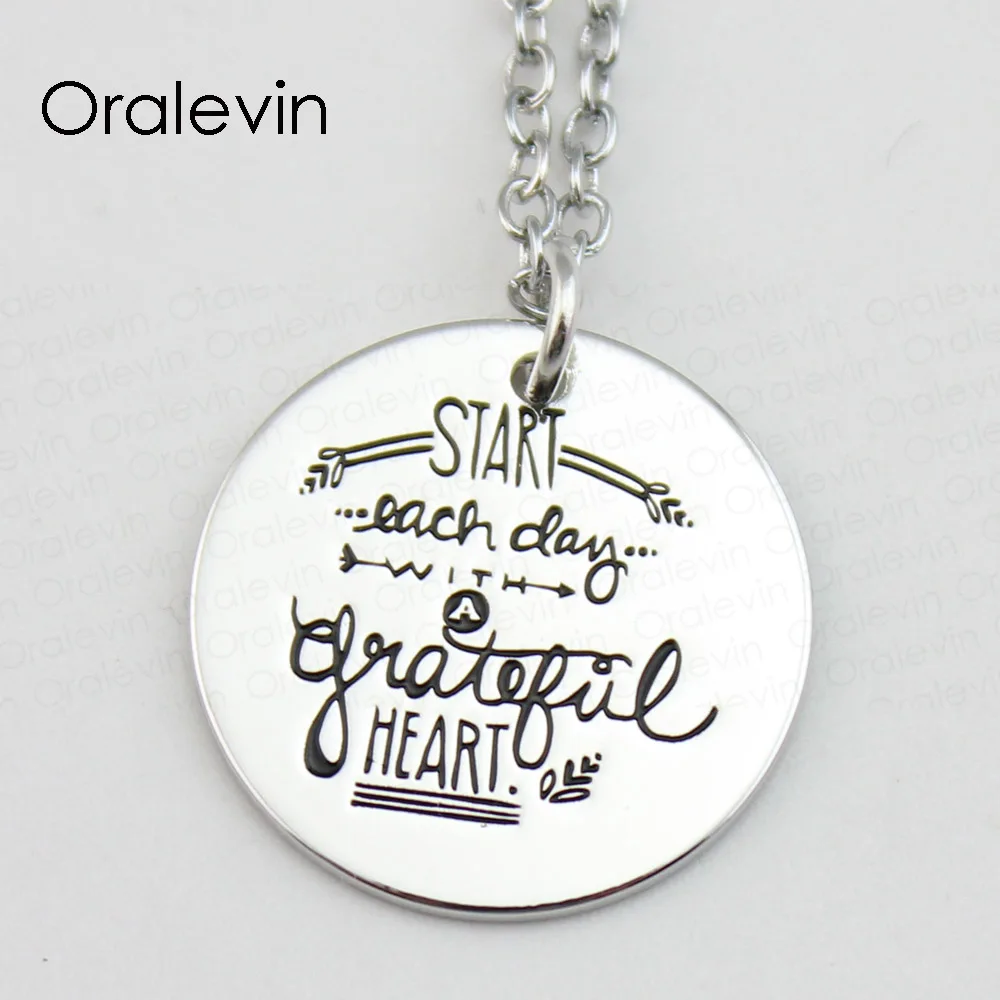 

START EACH DAY WITH A GRATEFUL HEART Inspirational Hand Stamped Custom Engraved Pendant Necklace Gift Jewelry, #LN596