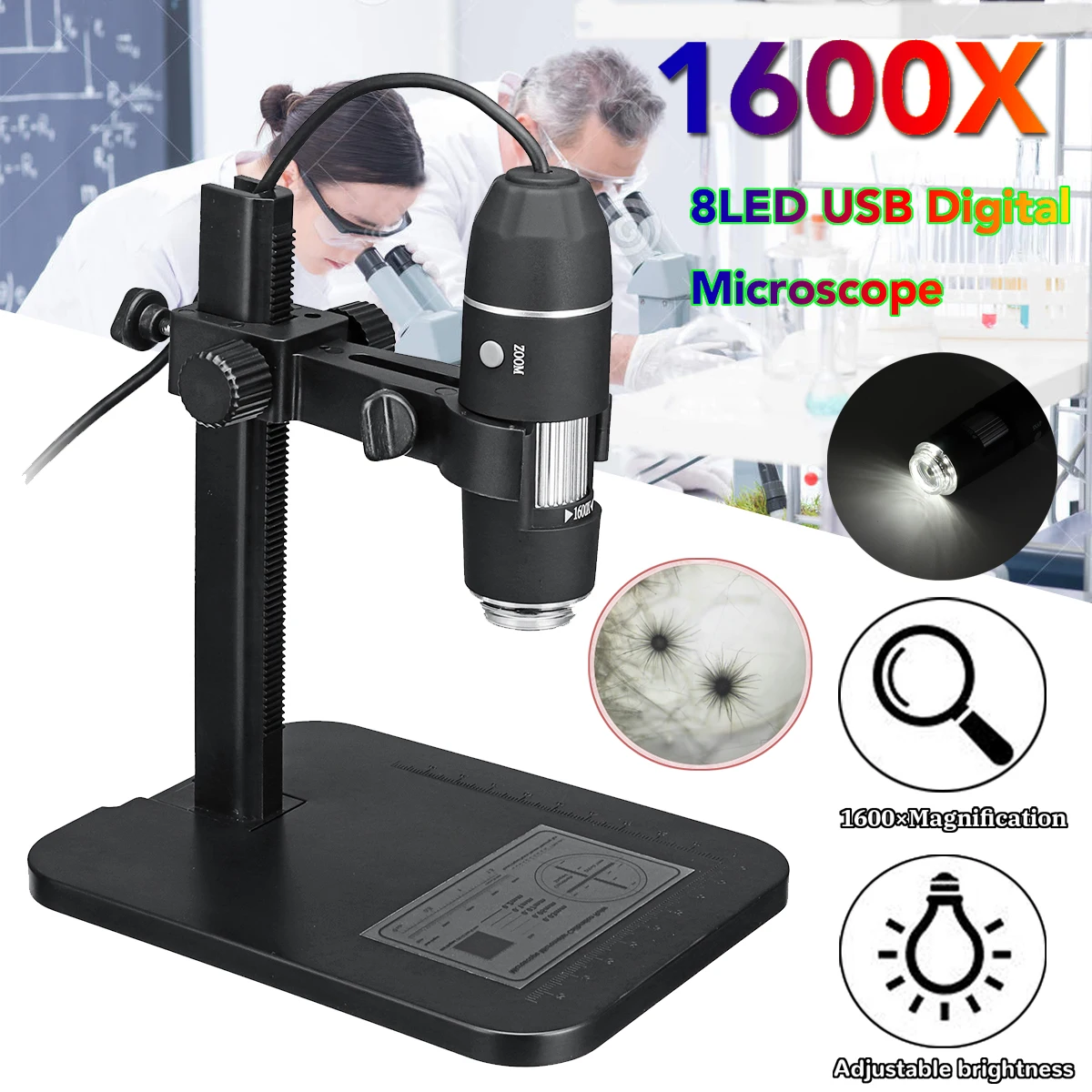 

1600X 8LED USB Digital Microscope Handheld Electron Microscope with Measuring Ruler Bracket