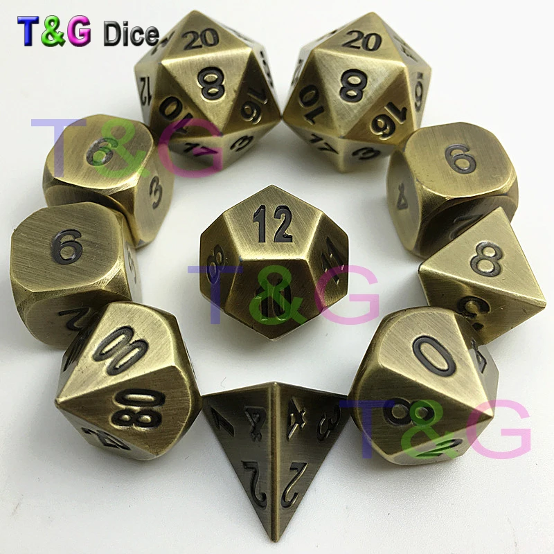 Латунь Цвет металлические игральные кубики d4 3xd6 d8 d10 d12 2xd20 dnd RPG цифровой с железная коробка для подарка 10 шт./компл