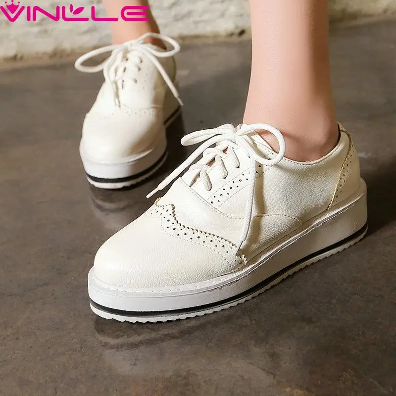 

VINLLE Large Size 11 12 Simple Round Toe Lace Up Casual Shoes Women White Shoes Women Wedges Med Heel Platform Pumps