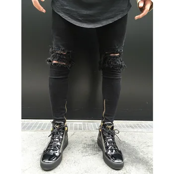 

High quality 2020 Fashion Summer Casual wash locomotive biker jeans knee hole male black Ripped hole feet motorcycle jeans