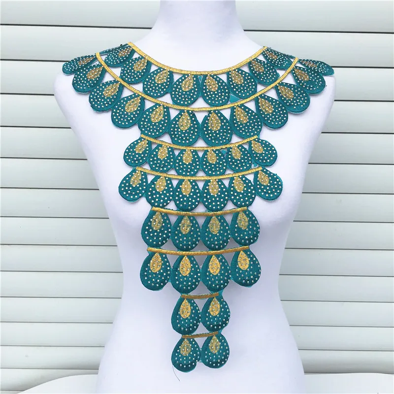

1pc Blue Luxurious Hot Fix Rhinestones African Lace Neckline Collar Iron On Embroidery Appliques For Cloth Accessories 34x43cm