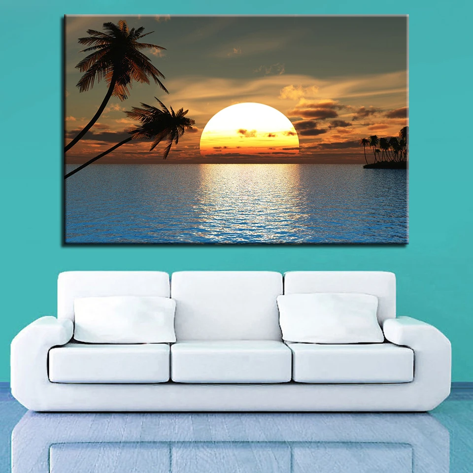 

Canvas HD Prints Paintings Home Decor Room 1 Piece/Pcs Sunset Sea Surface Poster Framework Islands Palm Tree Seascape Pictures
