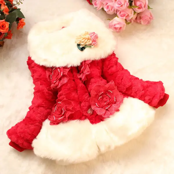 Зимние пальто с мехом для девочек плотная теплая верхняя одежда с цветочным узором из плюша детский рождественский костюм с леопардовым принтом - Цвет: Red