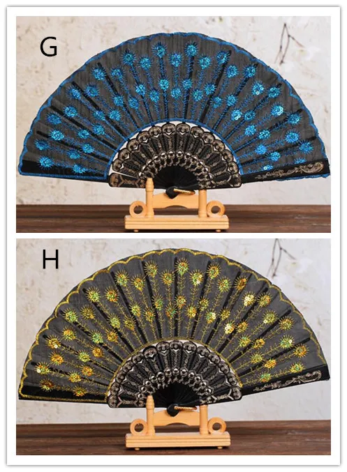 

200pcs hot Chinese Folding Peacock Hand Fan Bead Fabric Decor Colored Embroidered Flower Pattern Black Cloth Folding Hand Fan