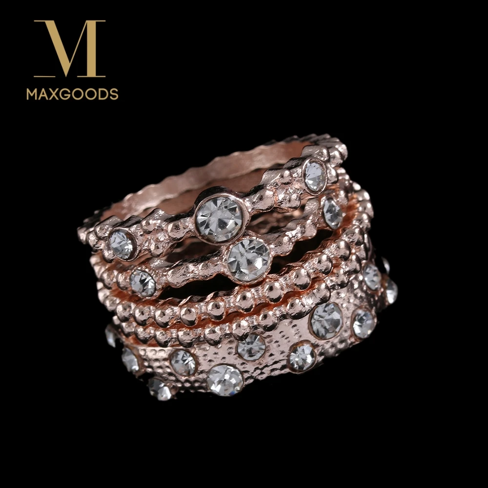 

5 Pcs Charm Vintage Sparkly Rose Gold Color Crystal Rhinestone Stackable Ring Set for Women Wedding Jewelry