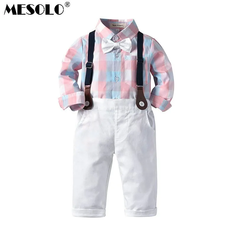

MESOLO Boys spring and summer new fashion color matching lattice bow tie shirt + strap trousers gentleman dress two-piece suit