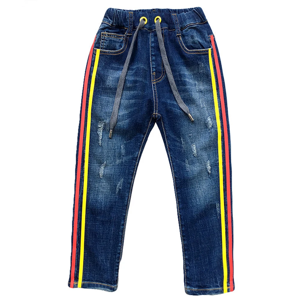 Детские джинсовые брюки; детские джинсы для мальчиков-подростков; коллекция года; сезон весна-осень; хлопковые кружевные рваные обтягивающие джинсы; брюки для малышей
