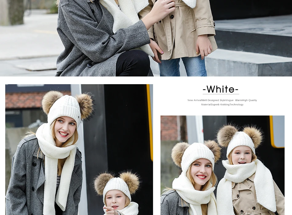 Parent-child Hat And Scarf Set Solid Winter Skullies Beanies With Fur Pompom High Quality Wool Knitted Hat Caps Children (9)