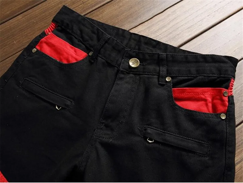 Fashion high quality patchwork black red patch jeans for men with zipper slim straight stretch bikers moto denim stylish pants