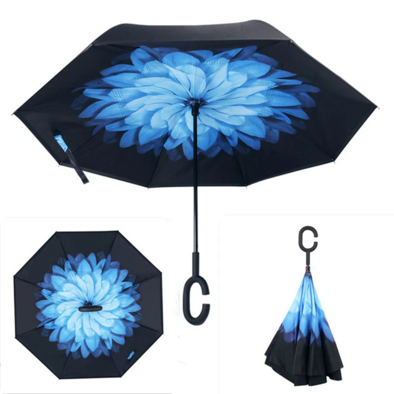 

Umbrellas Blue Flower Rolling Over Reverse Pon Umbrella Double Layer Inverted Self Stand Rain Protection Folding For Car Fishing