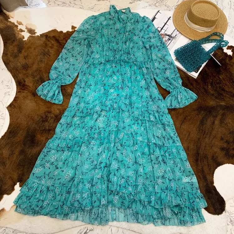

2019 new stand collar floral tier loose dress