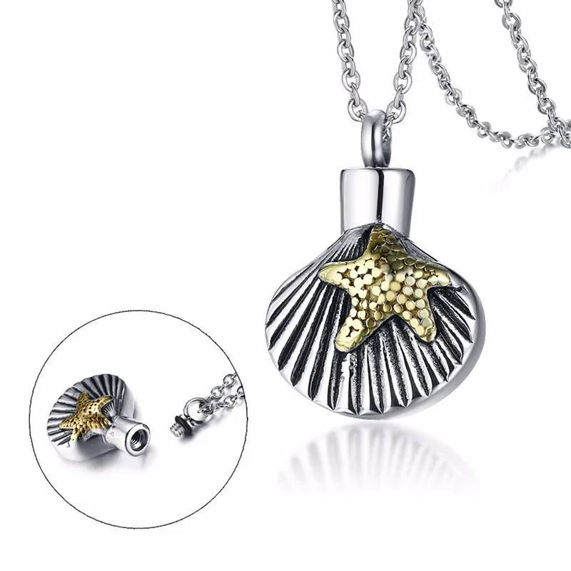 

Seashell with Golden Starfish Stainless Steel Pendant Necklace Urn for Ashes Memory Keeper Keepsake Cremation Jewelry