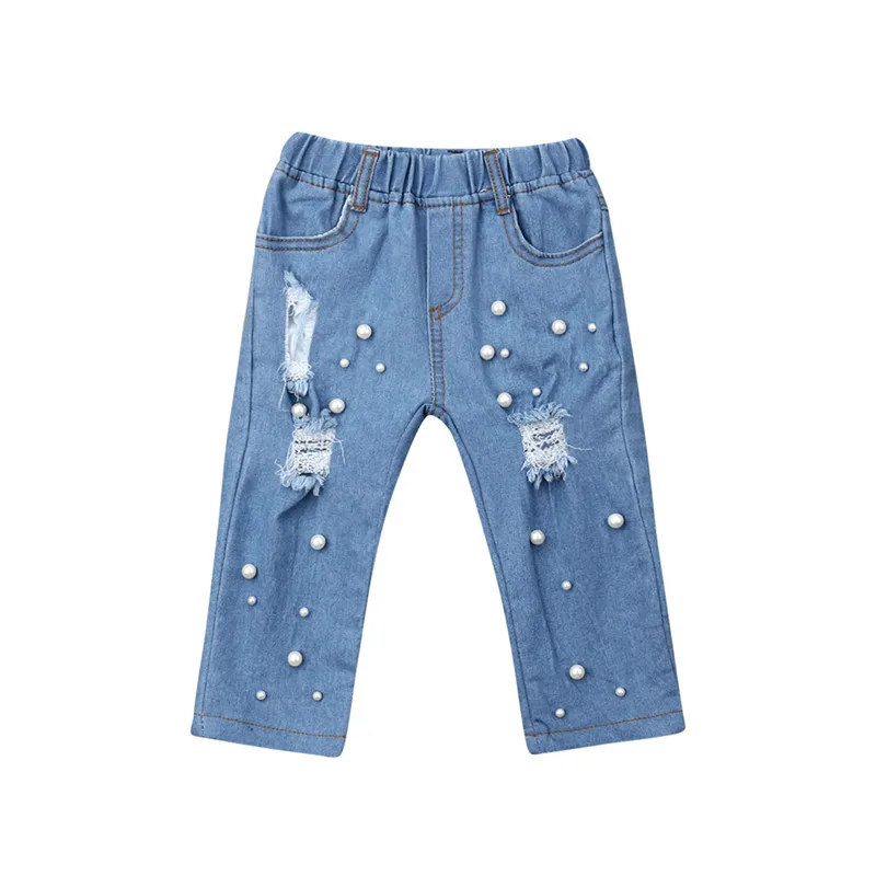 

sweet Baby Girls Beads Hole Fit Jeans Summer Casual Shredded Hole Jeans blue hole Denim Pants Casual ElasticTrousers