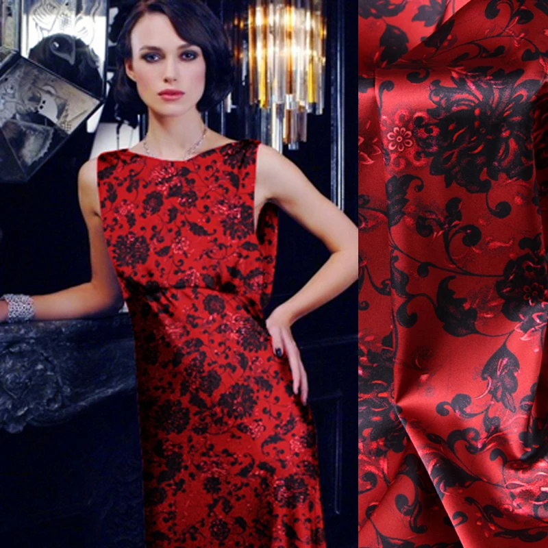 

118CM Wide 19MM 93% Silk & 7% Spandex Print Stretch Red Silk Satin Fabric for Dress Cheongsam Shirt Jacket D1014