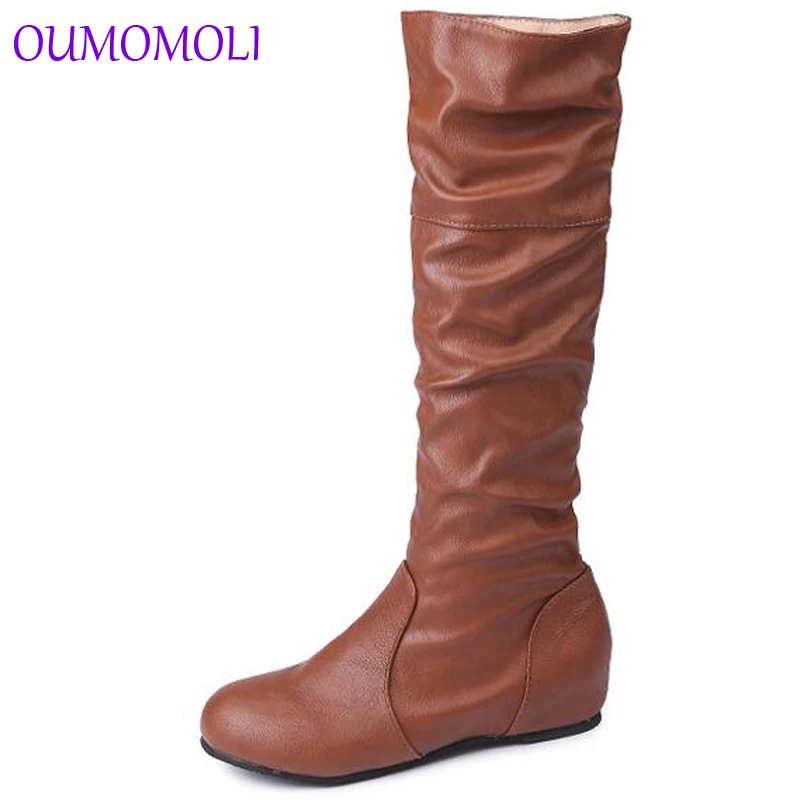 

Fashion new solid color pleated high boots leather boots four colors black khaki gray brown size 34-43 A322
