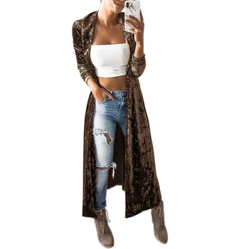 

2019 Women Long Sleeve Lengthened Velvet Wind Coat Fashion Casual Solid Color Cardigan Turn-down Collar Long Coat Open Stitch