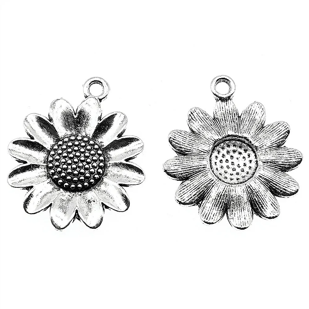 4pcs Sunflower Flower Charms Sun Flower Charms Antique Silver Color