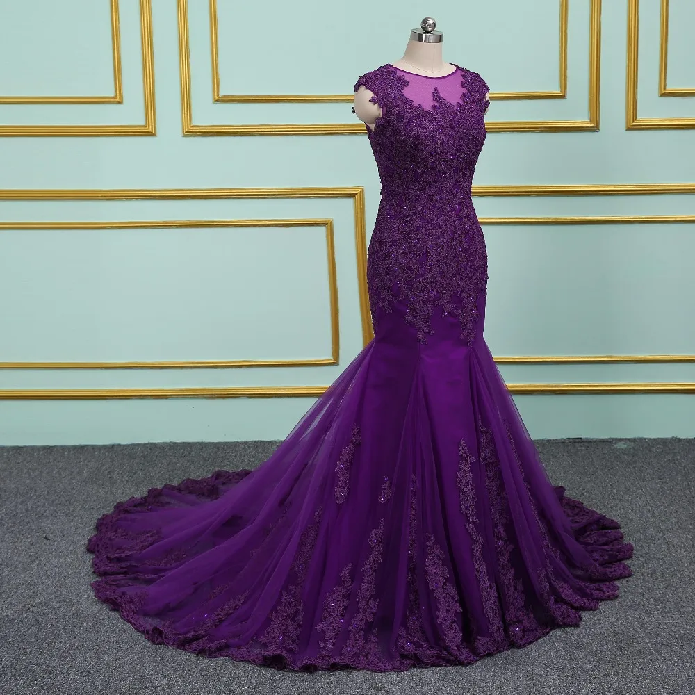 Purple Evening Dresses Long Mermaid 2020 Elegant Sheer Scoop Formal Gown vestido de noiva Long Prom dress Plus Size
