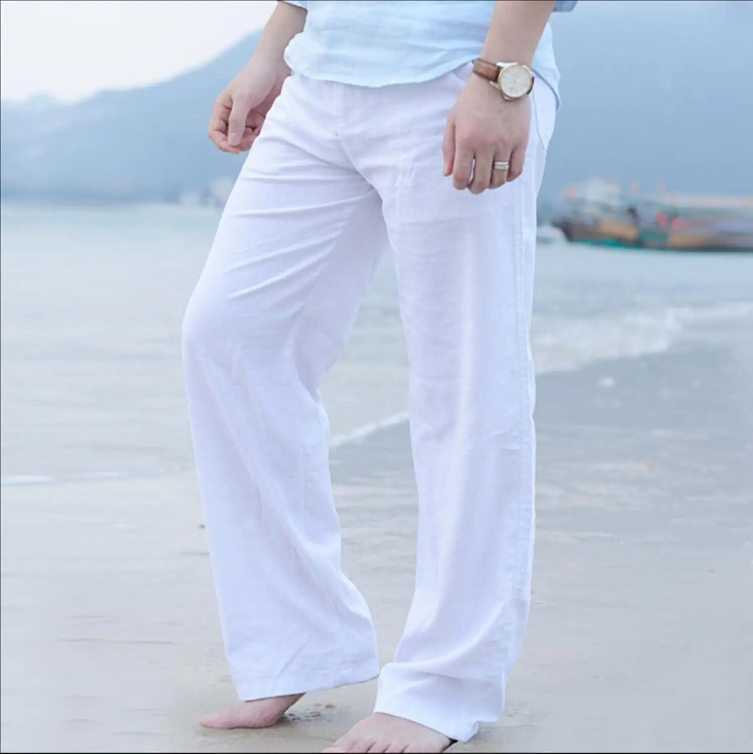 M-3XL новые летние Для мужчин тонкий лен Штаны Свободные повседневные Прямые брюки большие размеры брюки жидкости с эластичной талией пляжные штаны - Цвет: Белый
